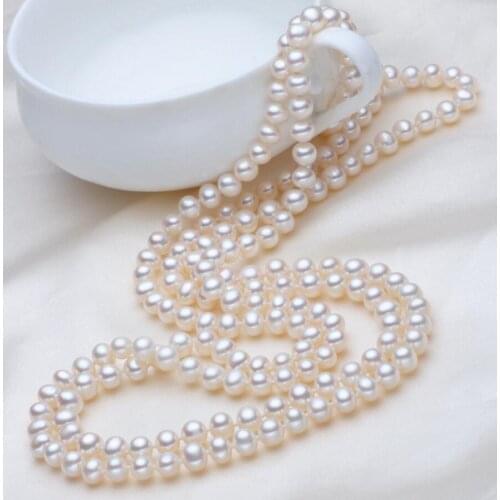 Fashion jewelry Free Shipping 100% Genuine 7-8MM freshwater pearl necklace sweater chain bright long 65INCH multi layer gift