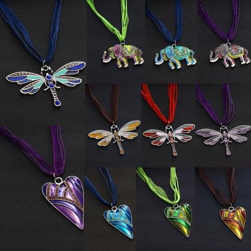 Lovely Elephant Dragonfly Heart Pendant Women Girls Gift Sweater Long Chain Necklace Crystal Enamel Animals Jewelry Charm Choker