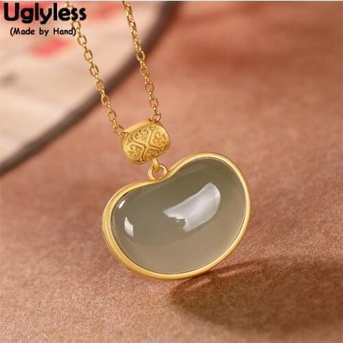 Uglyless Like a Bean China Xinjiang Hetian Natural Jade Pendants Necklaces Women Antioxidant Real 925 Silver Necklaces Anti-fade
