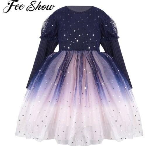 Kids Girls Flower Dress Sequins Stars Long Sleeve Crochet Bodice Gradient Color Tutu Princess Dress for Wedding Party Dresses