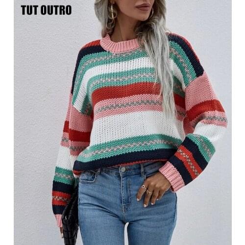 Rainbow Colors Stitching Pullover Ladies Casual Long Sleeve O-Neck Sweaters For Women Knit Fashion Autumn Winter Loose Jumpers