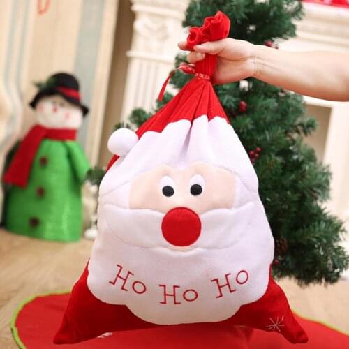 Christmas Gift Bag Handle Rope Flannel Creative Santa Claus Pattern Gift Candy Apples Pouch for Festival Xmas Gift Packing Pouch