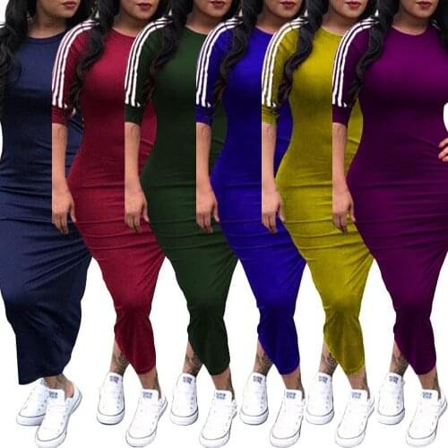 Round Neck Fit Fashion White Stripe Dress S-3XLl Women Dresses Summer Bodycon Long T-shirt Dress African lady Plus Size Dress