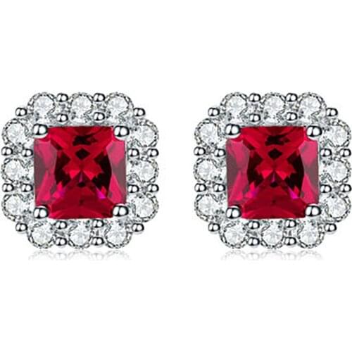 100% Solid Silver 7*7mm Created Moissanite Ruby Gemstone Earrings Lab Diamonds Anniversary Gift for Women Fine Jewely