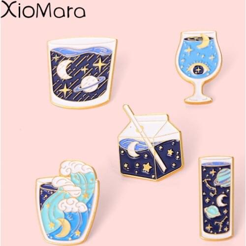 Starry Sky Glass Milk Bottle Collection Enamel Pins Goblet Explore Milky Way Planet Brooch Backpacks Clothes Badge Lapel Jewelry