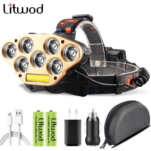 LED Headlamp 7*XPE & 1*COB Glare Charging Headlights Night Fishing Lights Usb Bulbs Q5 Head Flashlight Torch Lamp Litwod DC Port