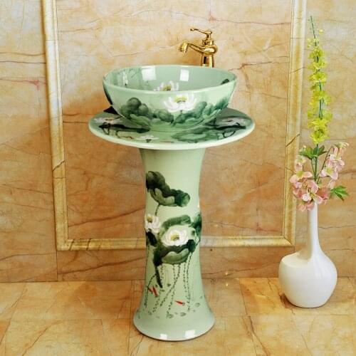 Chinese Art pedestal basin Vertical Table Basin Floor Type Basin Washbasin Ceramic pedestal Washbasin handmade lotus pattern