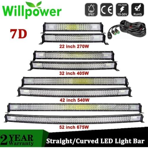 Willpower Curved/Straight 22 32 42 52 inch 540W 675W Led Light Bar Tri Row Offroad Driving Truck SUV ATV Tractor Car 4x4 12V 24V