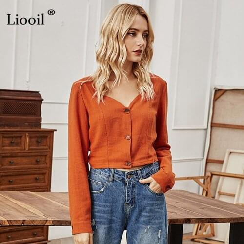 Casual Short Shirt Women 2021 Button Up Long Sleeve V Neck Spring Autumn Ladies Solid Color Cropped Cardigan Tops And Blouses