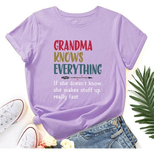 Grandma Knows Everything Grandmother Women Short Sleeve T Shirts Loose Graphic Tees Tops Cotton Summer Casual Tee Shirts Top