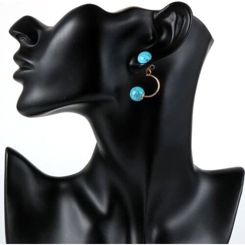 Women Girls Natural Round Beads C Shape Earring Stud Tiger Eye Onyx Turquoises Opal 10mm Gem Stone Pierced Push Ear Cuff Jewelry