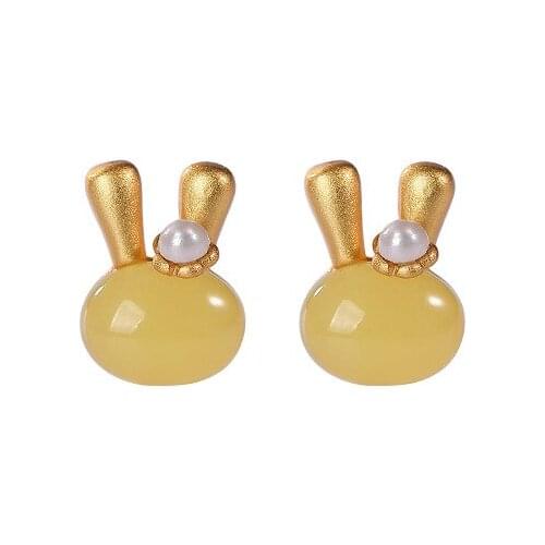 S925 sterling silver natural amber pearl stud earrings simple cute wild temperament rabbit lady silver earrings