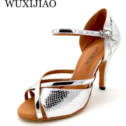 WUXIJIAO 2018 New Women Snake texture PU Silver Shoes For Dance Shoes Ladies Latin Ballroom Salsa Dance Shoes Sandals