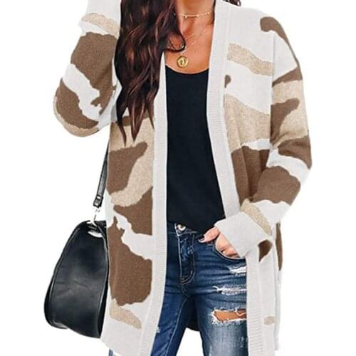 Womens Autumn Long Sleeve Knitted Cardigan Contrast Color Camouflage Open Front Sweater Top Ribbed Trim Loose Midi Outwear Coat