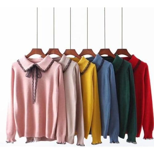 Lace Lace-up Doll Collar Long-sleeved Sweater Female Long-sleeved Fashion Flower Edge Stitching Knitted Sweater Pullover Women
