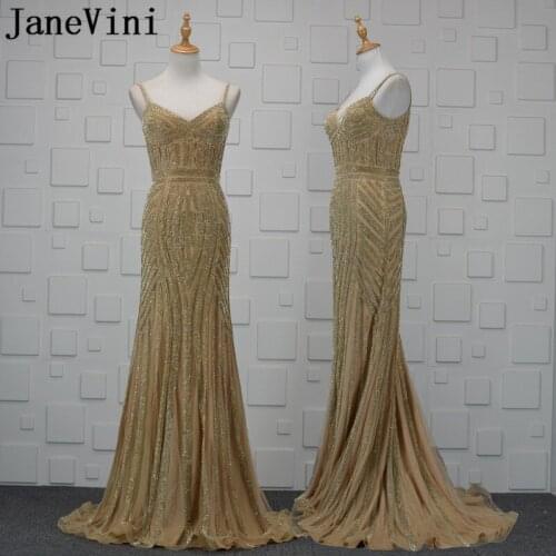 JaneVini Bling Gold Beaded African Evening Dresses 2018 Luxury Arabic Mermaid Backless Mother Of The Bride Dresses Formal Gowns