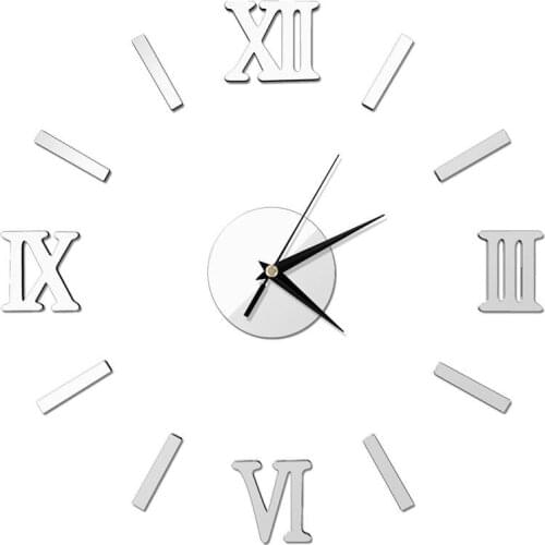 3D DIY Wall Clock Modern Frameless Large Mirror Surface Effect Wall Clock for Home Living Room Bedroom Decoration (Silver)