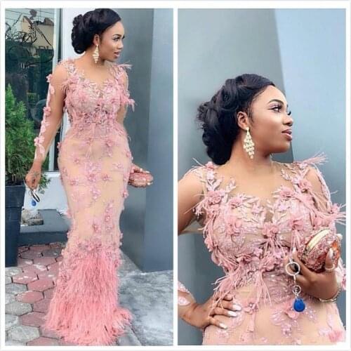 African 2021 Luxurious Lace Beaded Evening Dresses Mermaid Long Sleeves Feather Formal Prom Dress Aso Ebi Plus Size Vestidos