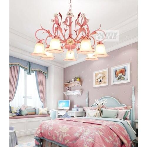 American country living room chandelier Pink Princess room lamp Korean warm dining room creative personality Crystal Chandelier