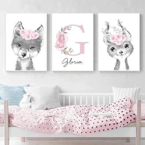 Personalized Poster Baby Name Custom Canvas Pink Nursery Wall Art Flower Animal Painting Bear Fox Horse Cow Picture Girl Bedroom