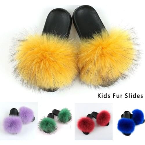 New Arrival Fox Fur Slides for Kids Girls Furry Slippers Soft Comfort Home Children Plush Slipper