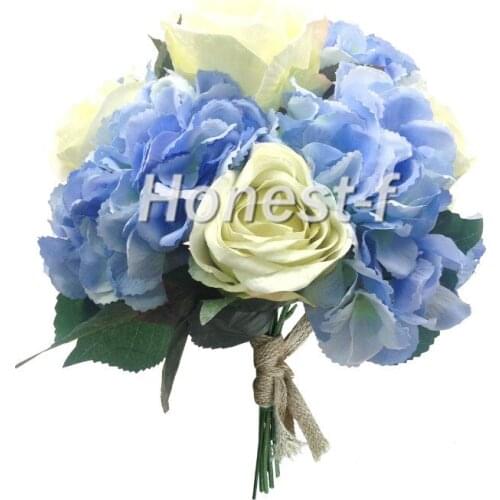Hand Tie Artificial Silk Flowers Bounquet with 4 Heads Hydrangea and 5 Heads Rose , Bridal Wedding(Blue And White)