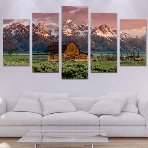HD Print 5 Piece Landscape Canvas Painting Barn Rocky Mountains Magnificent Paintings Home Living Room Decoration Picture