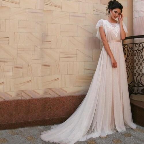 Sexy Wedding Dress Lace A-Line Bohemian Beach Dresses Backless V Neck Dot Tulle Bridal Gowns with Belt Princess Party Dress