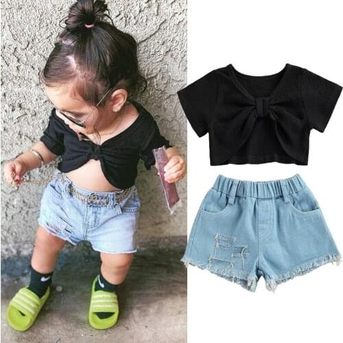 1-6Years Girls Summer Clothing Sets Toddler Kids Ribbed Knitted Bowknot Crop Tops+Elastic Ripped Denim Shorts Casual Outfits