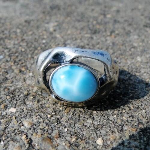 Hot Selling 925 Sterling Silver Antique Jewelry Oval Cut 8x10mm Natural Stone Larimar Rings Silver Antique Ring
