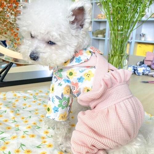Pet Jumpsuit Flower Printing Turndown Collar Polyester Four-legged Puppy Bodysuit for Party