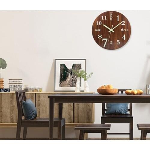 Luminous Word Numbers Wall Clock Retro Wooden 12-Inch with Silent Used in Bedroom Living Room Kitchen Dining Room Decoration