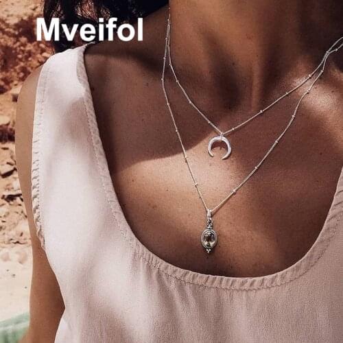 Mveifol Bohemian Stainless Steel Crescent Moon Necklace Ins Fashion Geometric Horn Pendant Necklace Choker Statement Jewelry
