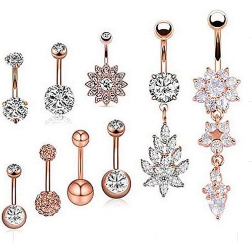 2/4/5/6/7Pcs/Set Sexy Dangling Navel Belly Button Rings Belly Piercing Crystal Surgical Steel 14g Woman Body Jewelry Barbell