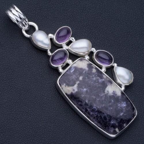Natural Charoite,Amethyst and River Pearl Punk Style 925 Sterling Silver Pendant 2 1/2" P0825