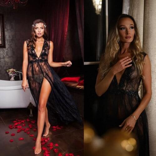 Sexy Black Night Robe with Side Split Lace Beaded Plus Size Nightgowns Robes See Through Women Sleepwear