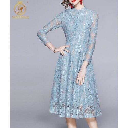 SMTHMA 2021 New Fashion Designer Spring Elegant Lace Hollow Out Dresses Robe Women O-Neck SlimTemperament Vintage Midi Dress