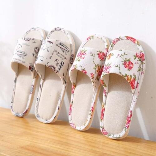 Home Slippers Women Floral Cartoon Flower Home Shoes Non-slip Soft Hemp Slippers Indoor Bedroom Loves Couple Floor Shoes
