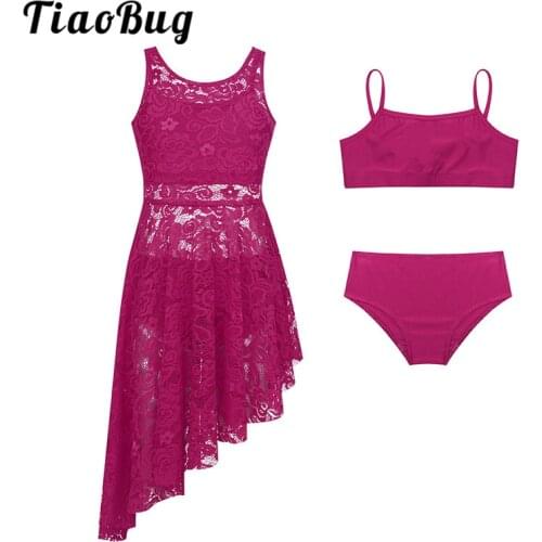 TiaoBug Kids Teens Floral Lace Dance Dress with Tops Panties Set Girls Ballet Tutu Gymnastics Suit Lyrical Dance Costumes Set