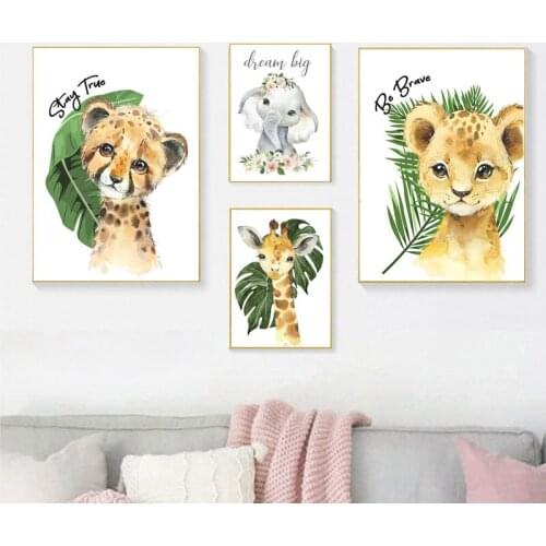 Tropical Jungle Animals Canvas Painting Cartoon Green Leaf Giraffe Zebra Lion Posters Nordic Wall Art Pictures Kids Room Decor