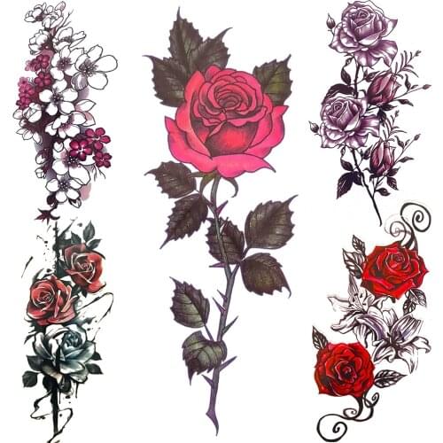 Large Rose Flower Temporary Tattoo For Women Girls Leaves Colorful Fake Tattoos Sticker Waterproof Body Chest Peony Tatoo Sexy