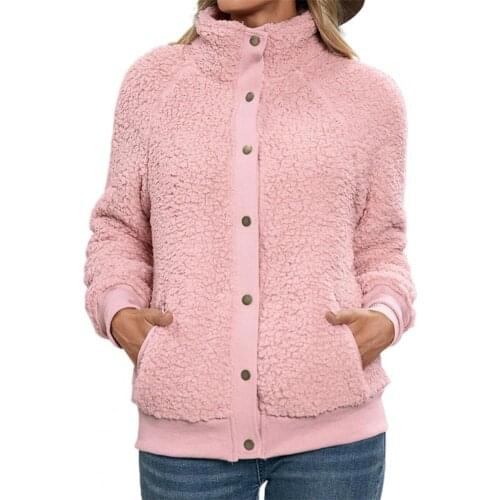 Women Jackets Double-sided Plush Faux Lamb Wool Pockets Keep Warm Solid Color Stand Collar Single Breasted Long Sleeve Coats
