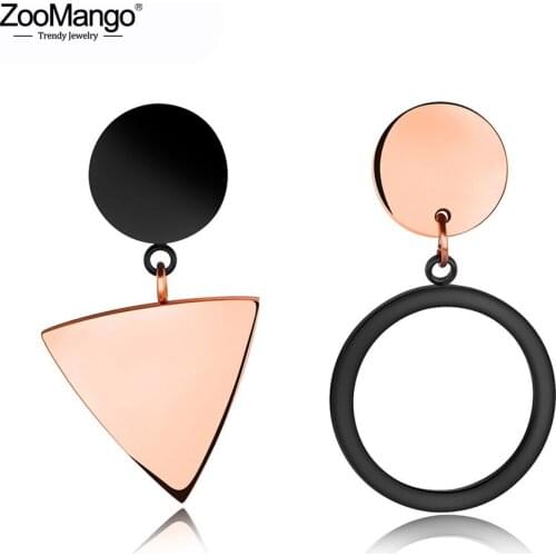 ZooMango Trendy Geometric Triangular Round Earring Female Stainless Steel Round Asymmetric Earrings Jewelry For Women ZE17089