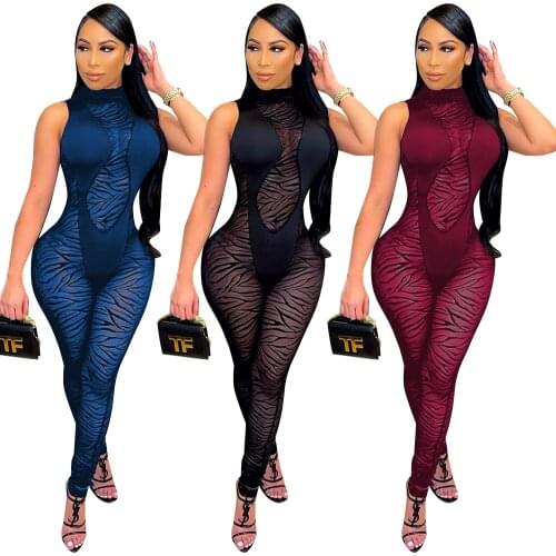 See Through Women Sheer Mesh Patchwork Rompers Sleeveless Turtleneck Sexy Night Club Party Jumpsuits Summer One Piece Overalls