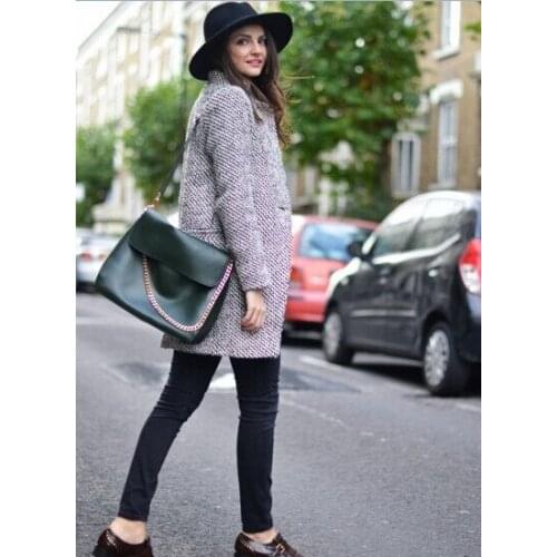 Rebicoo Fashion Winter Coat Women Houndstooth Wool Blend Coat Single Button Pocket Oversize Long Trench Coat Outerwear Wool Coat