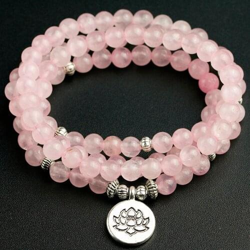 108 Mala Bead Natural Rose Crystal Stone Bracelet Lotus Charm Bracelets Women Yoga Bracelet 6MM Beaded Jewellery Dropshipping