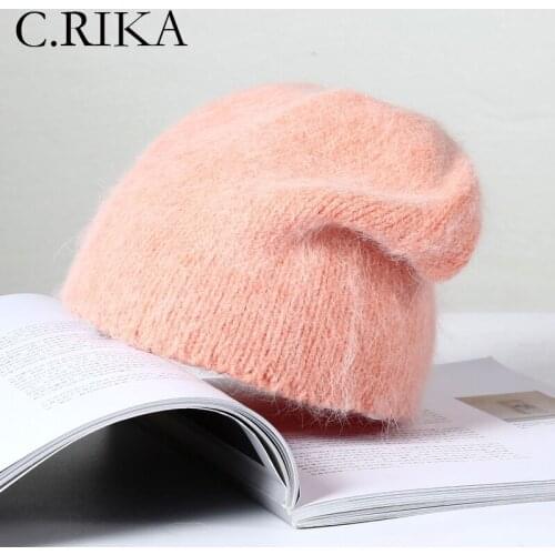 2021 Fashion Angora Rabbit Fur Wool Winter Hat for Women Knit Beanies Hat Warm Outdoor Travel Ski Cold Knitted Hat Wholesale