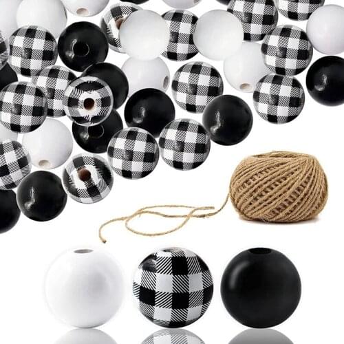 240Pcs Black White Plaid Wooden Beads Farmhouse Buffalo Checked Print Wood Beads Colored Natural Beads With Hemp Rope