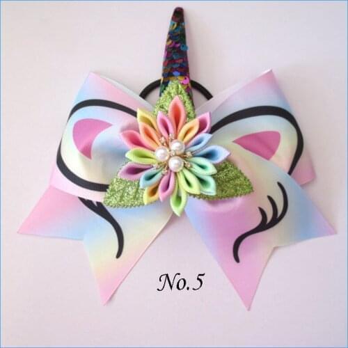 50 BLESSING Girl 8" Cheer Leader Bow Latest Unicorn Hair Elastic Rainbow Flower