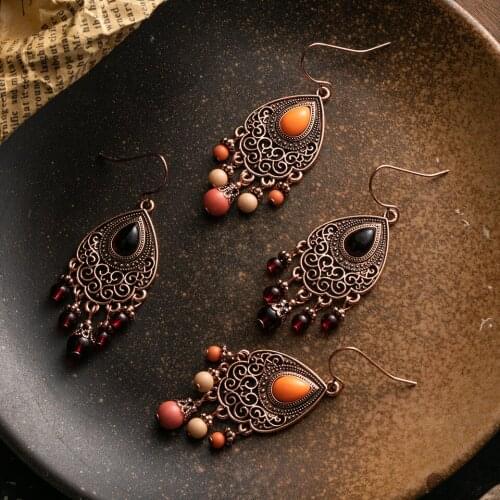 Bohemian Luxury Retro National Rose Gold Color Hanging Water Drop Tassel Earrings Womens Ear Drop Jewelry Wedding Jewelry